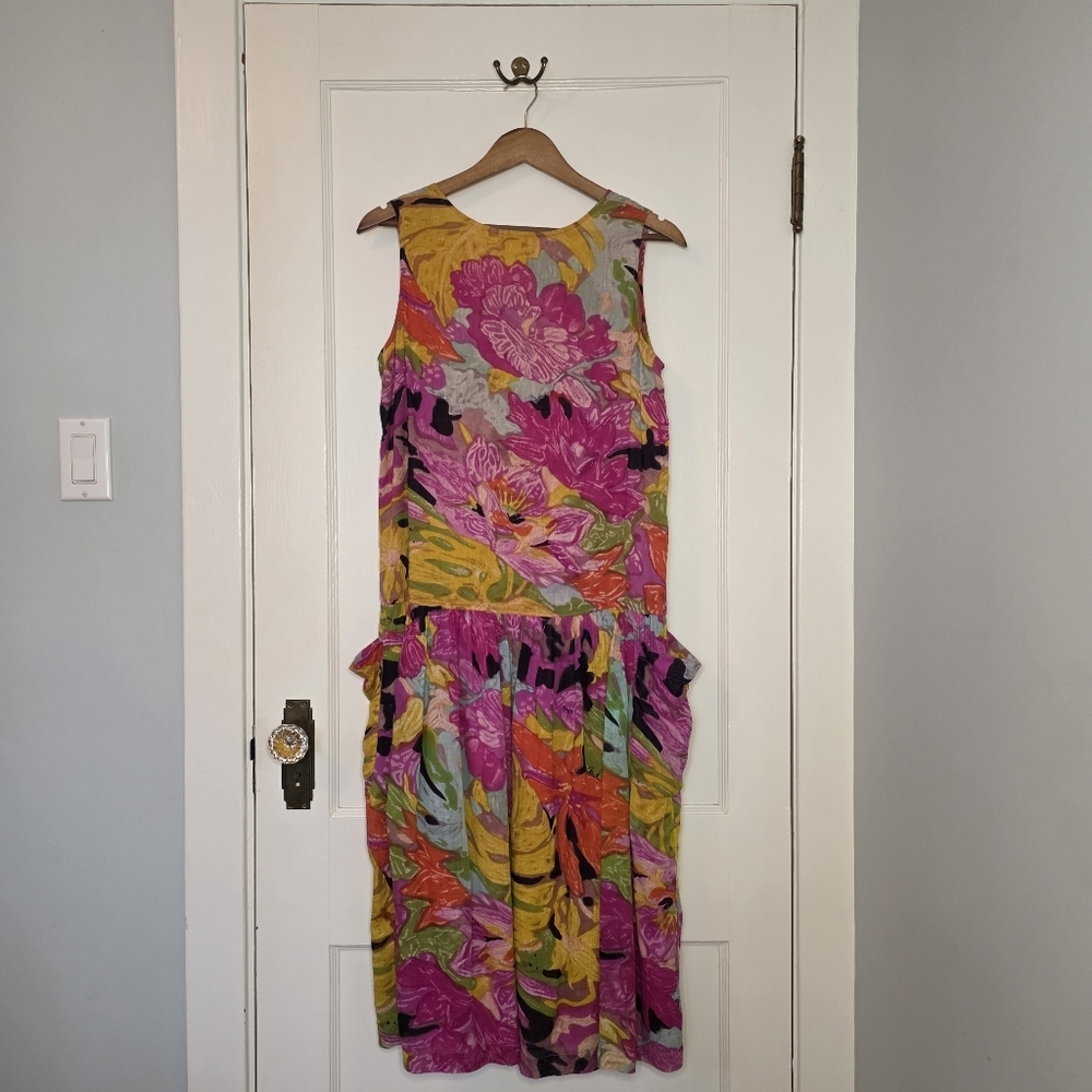 Vintage Erika Taylor Drop-Waist Cotton Dress – Size M – Pink Floral - Picture 6 of 7